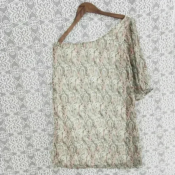 Evely one shoulder feather printed mini chiffon dress M - Picture 1 of 10